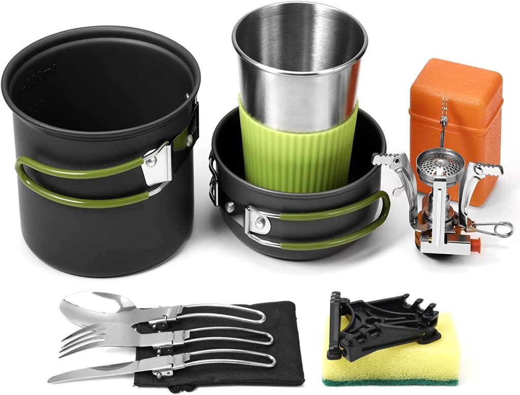 HackPacking Stove, Pot, Pan, And Set Of Fork, Knife, And Sponges For Camping Hiking and Picnic (All In One):​