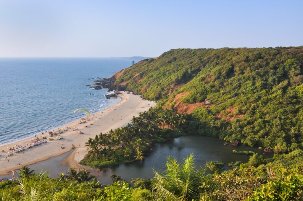 View of the sea and Sweet Lake on the beach at Arambol in Goa, India, January 2020