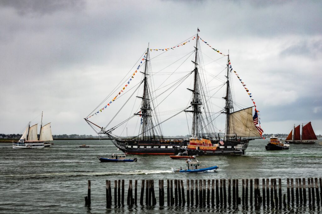 a large sailboat in the water