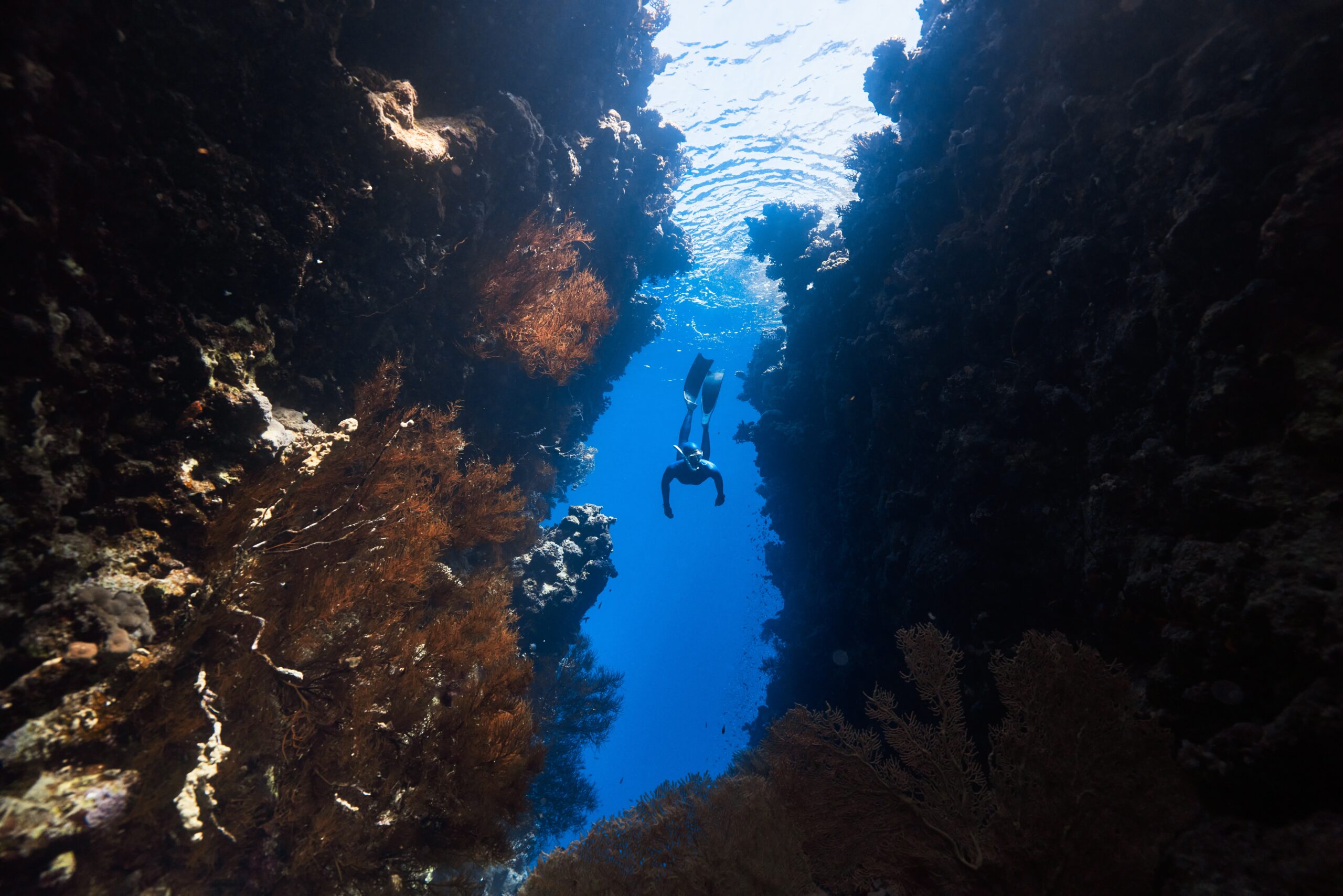 a person swimming in a deep blue ocean. A person snorkel at Haunama Bay