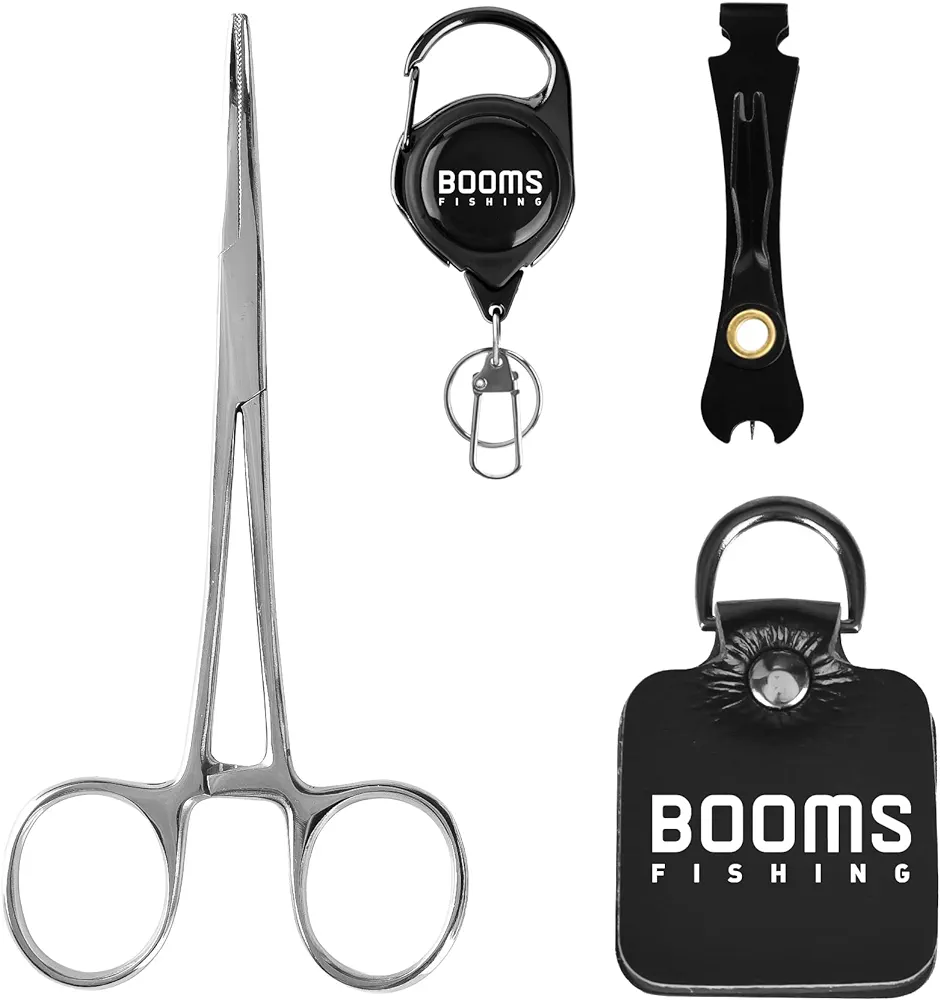 Booms Fishing FF2 Fly Fishing Accessories and Tools Kit, Fly Fishing Gear Combo: Fly Fishing Forceps, Fly Fishing Nipper, Line Leader Straightener, Zinger Retractor, Two-Sided Fly Box Assortment