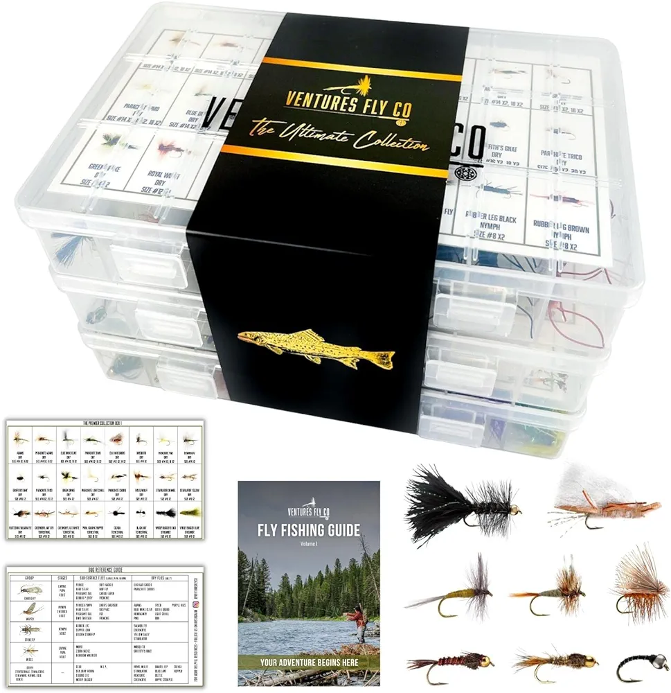 Ventures Fly Co. | 200 Premium Hand Tied Fly Fishing Flies Assortment | Three Fly Boxes Included | Dry, Wet, Nymphs, Streamers, Wooly Buggers, Terrestrials | Trout, Bass Lure Set, Kit